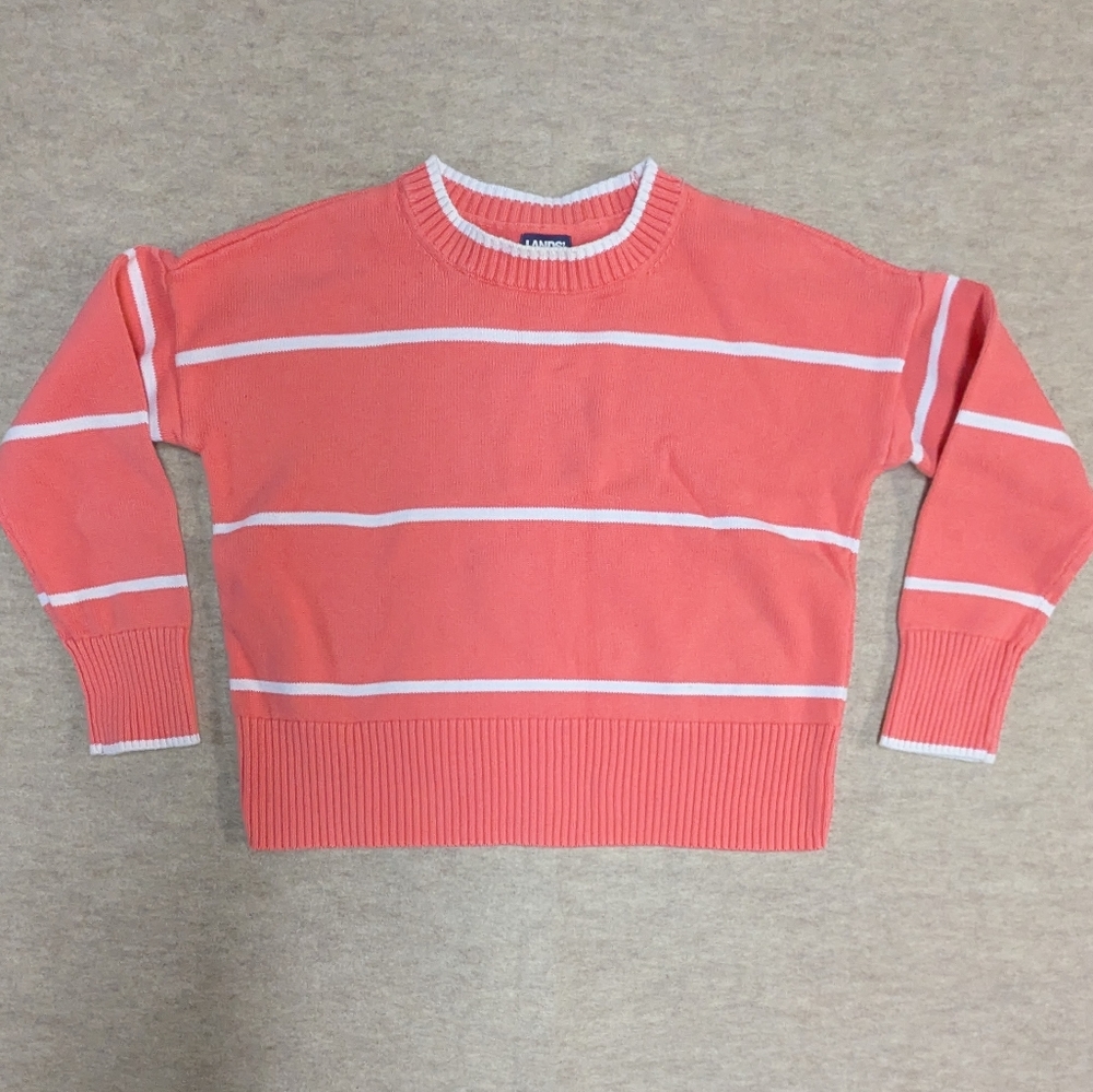 Lands' End Coral Salmon & White Striped Drifter 100% Cotton Sweater Size XS P